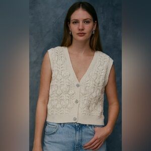 Zara Knit Embroidered Vest Sleeveless Cardigan Cream‎ Cottagecore Coquette Sz M